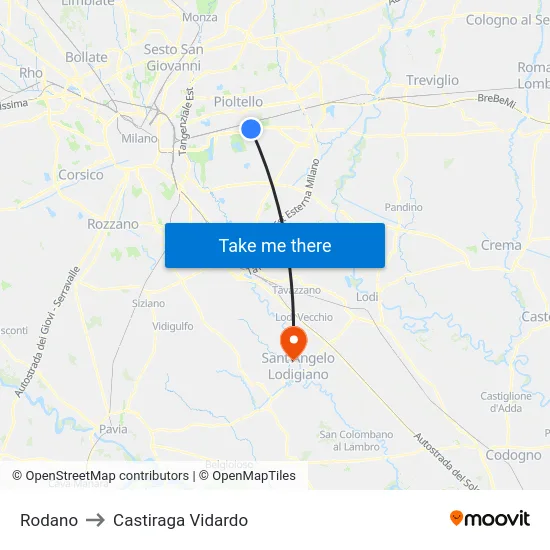 Rodano to Castiraga Vidardo map