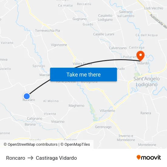 Roncaro to Castiraga Vidardo map