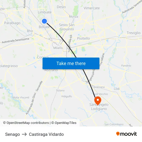 Senago to Castiraga Vidardo map