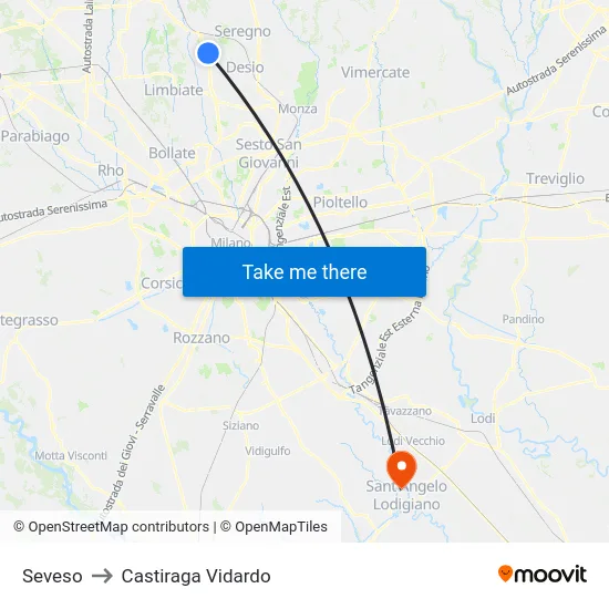 Seveso to Castiraga Vidardo map