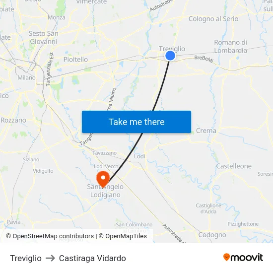 Treviglio to Castiraga Vidardo map
