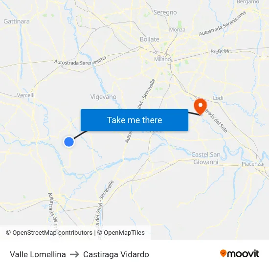 Valle Lomellina to Castiraga Vidardo map