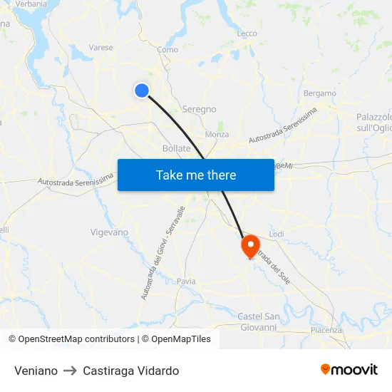 Veniano to Castiraga Vidardo map