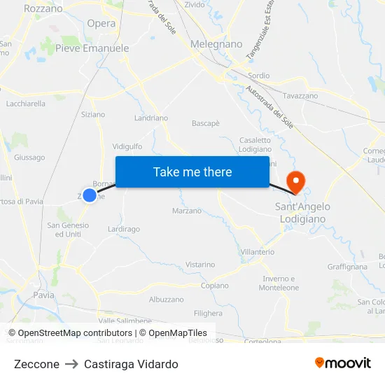 Zeccone to Castiraga Vidardo map