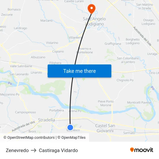 Zenevredo to Castiraga Vidardo map