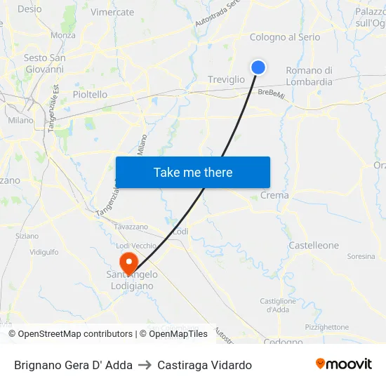 Brignano Gera D' Adda to Castiraga Vidardo map
