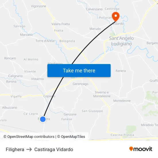 Filighera to Castiraga Vidardo map
