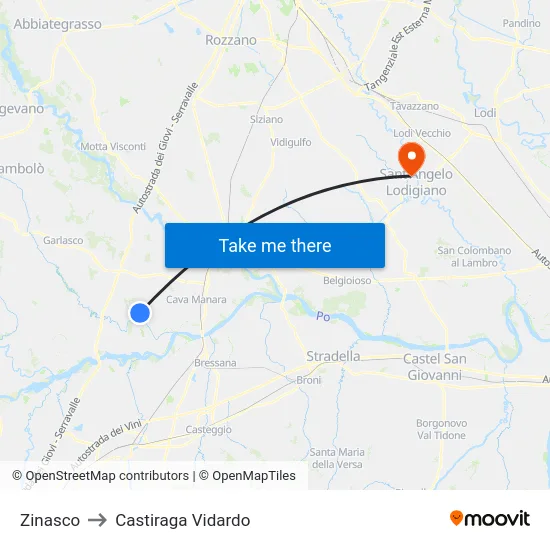 Zinasco to Castiraga Vidardo map
