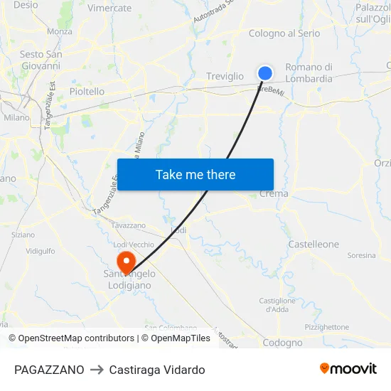PAGAZZANO to Castiraga Vidardo map