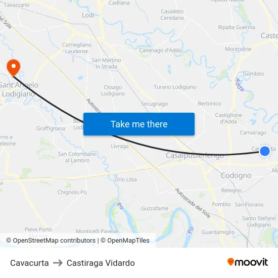Cavacurta to Castiraga Vidardo map