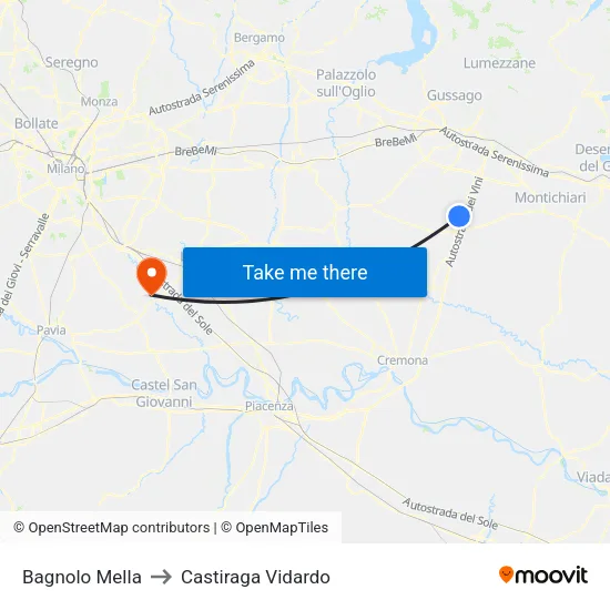Bagnolo Mella to Castiraga Vidardo map