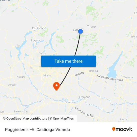 Poggiridenti to Castiraga Vidardo map
