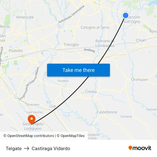 Telgate to Castiraga Vidardo map