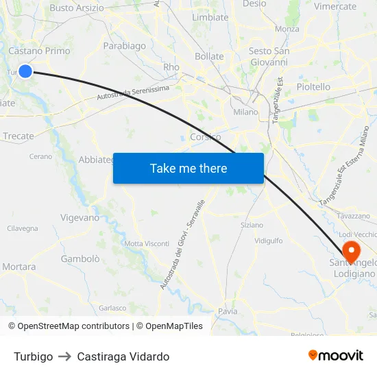 Turbigo to Castiraga Vidardo map