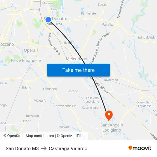 San Donato M3 to Castiraga Vidardo map