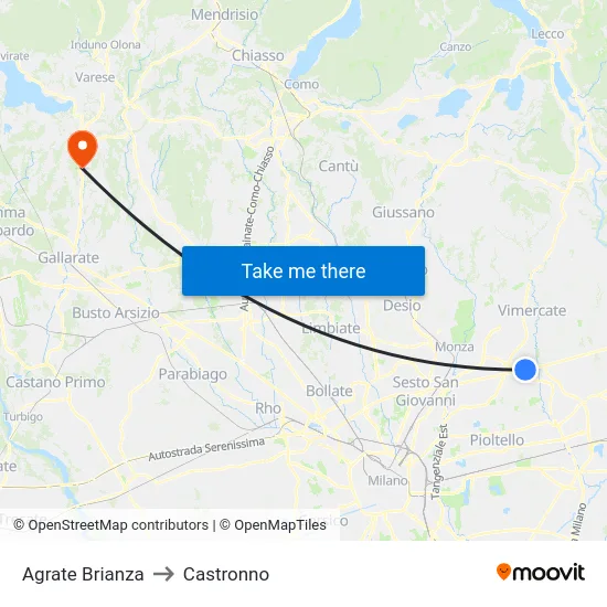 Agrate Brianza to Castronno map