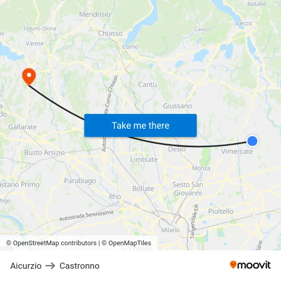 Aicurzio to Castronno map