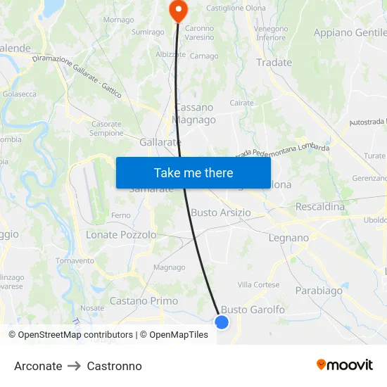 Arconate to Castronno map