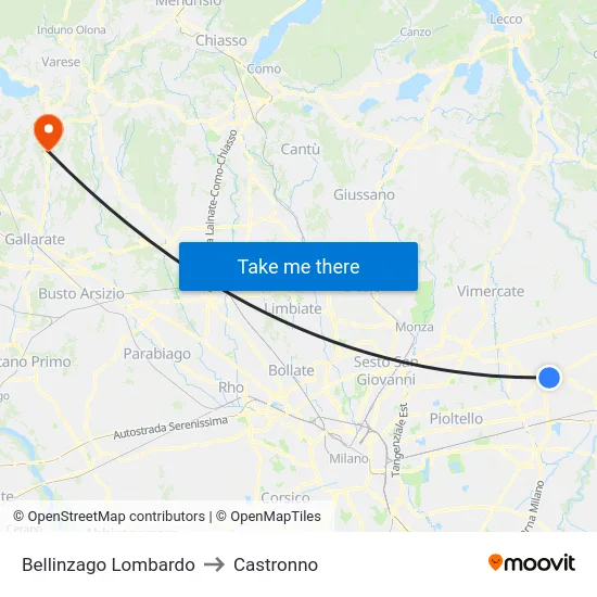 Bellinzago Lombardo to Castronno map