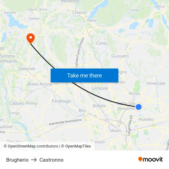 Brugherio to Castronno map