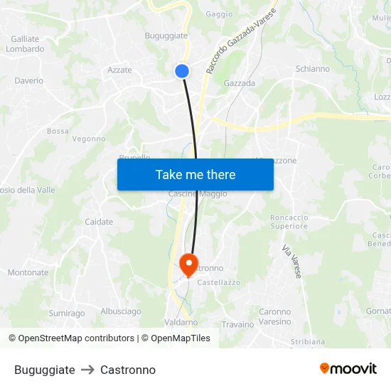 Buguggiate to Castronno map