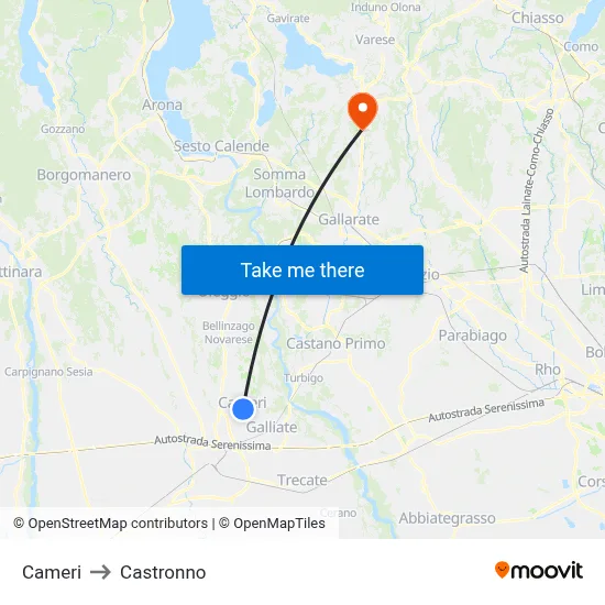 Cameri to Castronno map