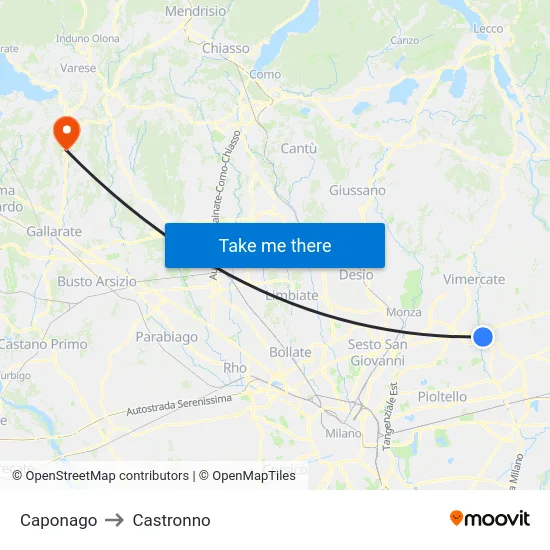 Caponago to Castronno map