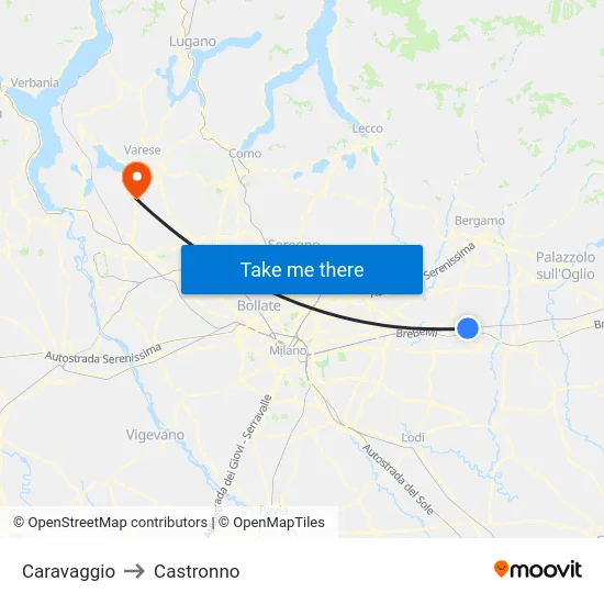 Caravaggio to Castronno map