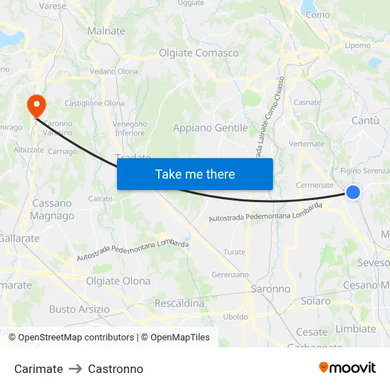 Carimate to Castronno map