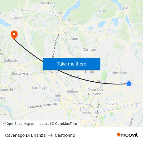 Cavenago di Brianza to Castronno map
