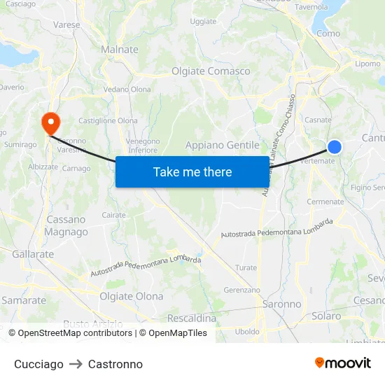 Cucciago to Castronno map