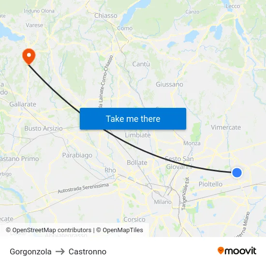 Gorgonzola to Castronno map