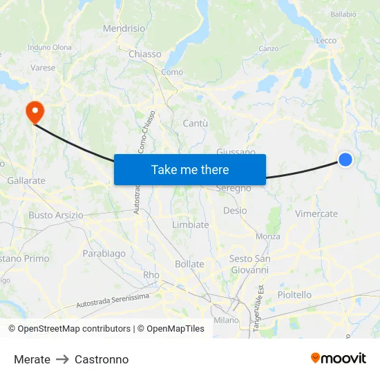 Merate to Castronno map