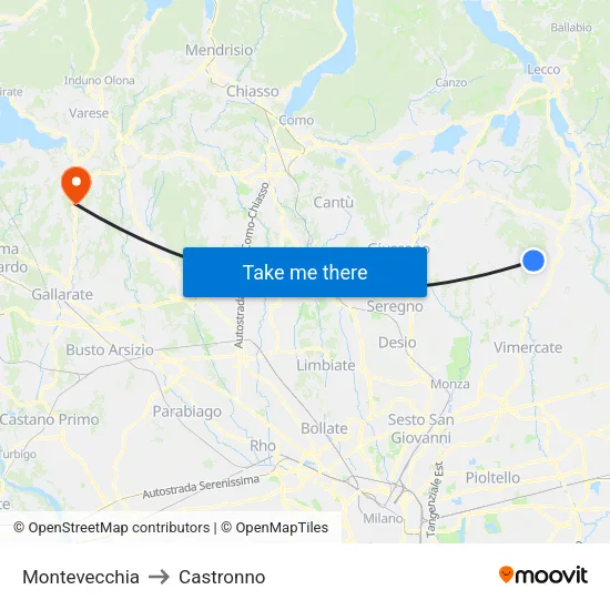 Montevecchia to Castronno map