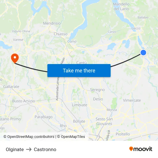 Olginate to Castronno map
