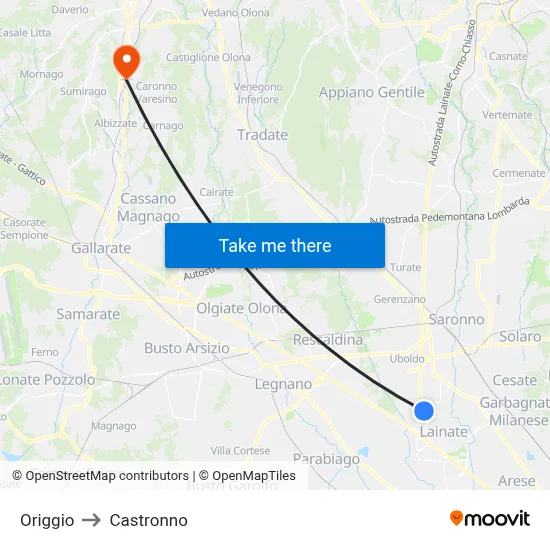 Origgio to Castronno map