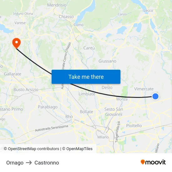 Ornago to Castronno map