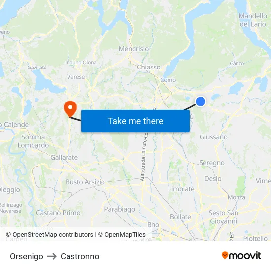 Orsenigo to Castronno map