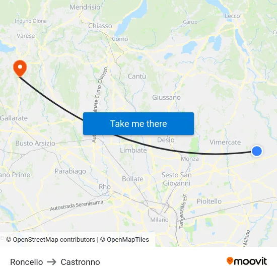 Roncello to Castronno map