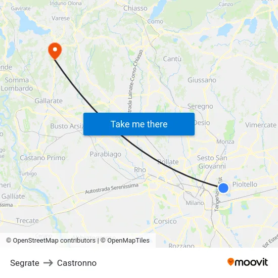 Segrate to Castronno map