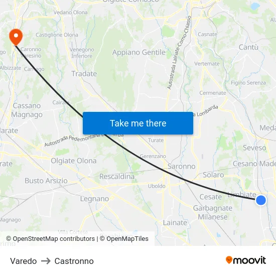 Varedo to Castronno map