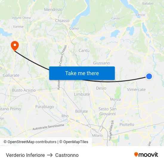Lower Verderio to Castronno map