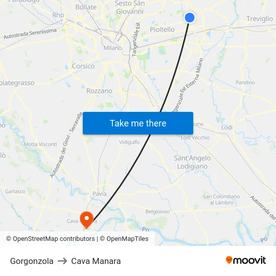Gorgonzola to Cava Manara map