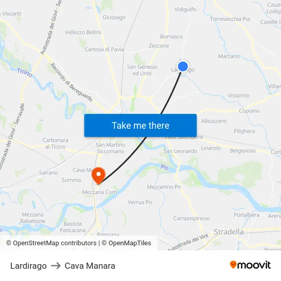 Lardirago to Cava Manara map