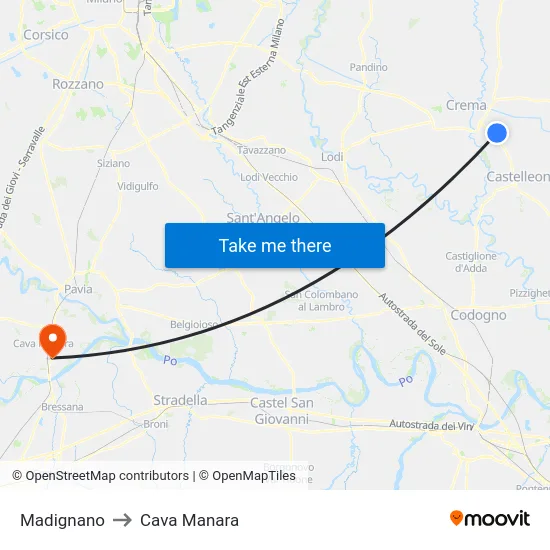 Madignano to Cava Manara map