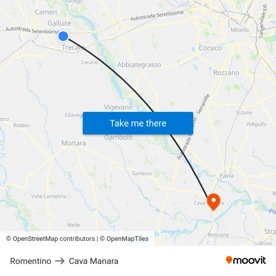 Romentino to Cava Manara map