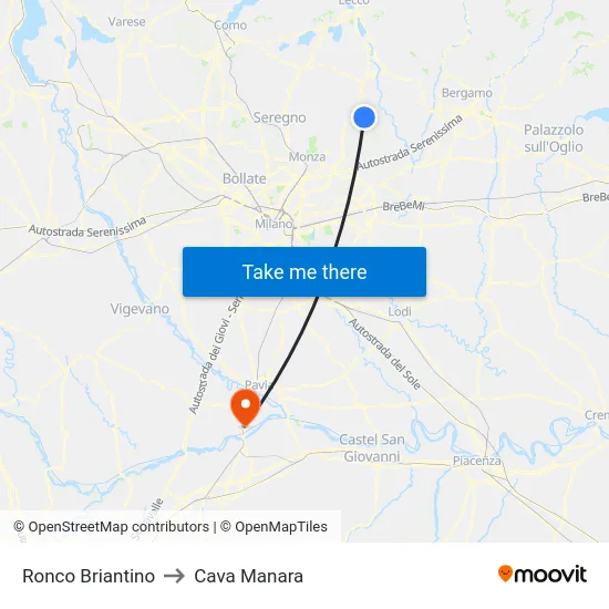 Ronco Briantino to Cava Manara map