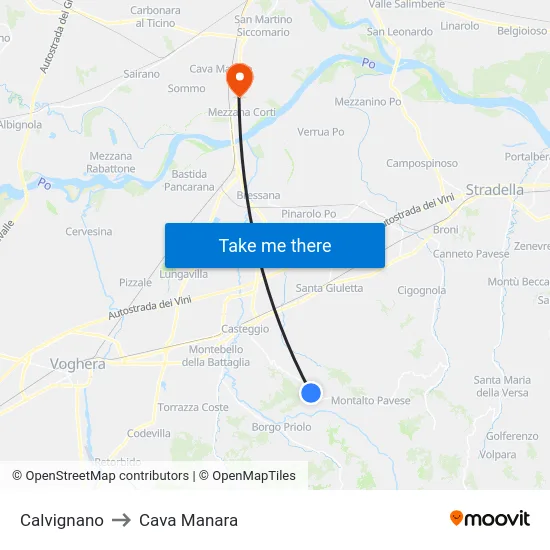 Calvignano to Cava Manara map