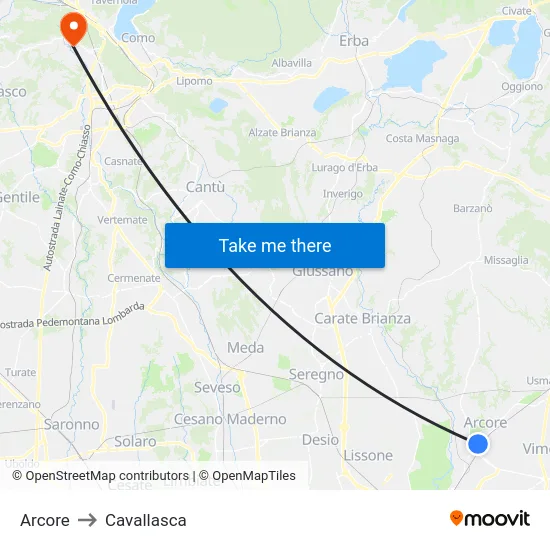 Arcore to Cavallasca map