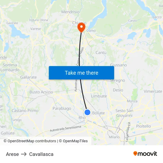 Arese to Cavallasca map